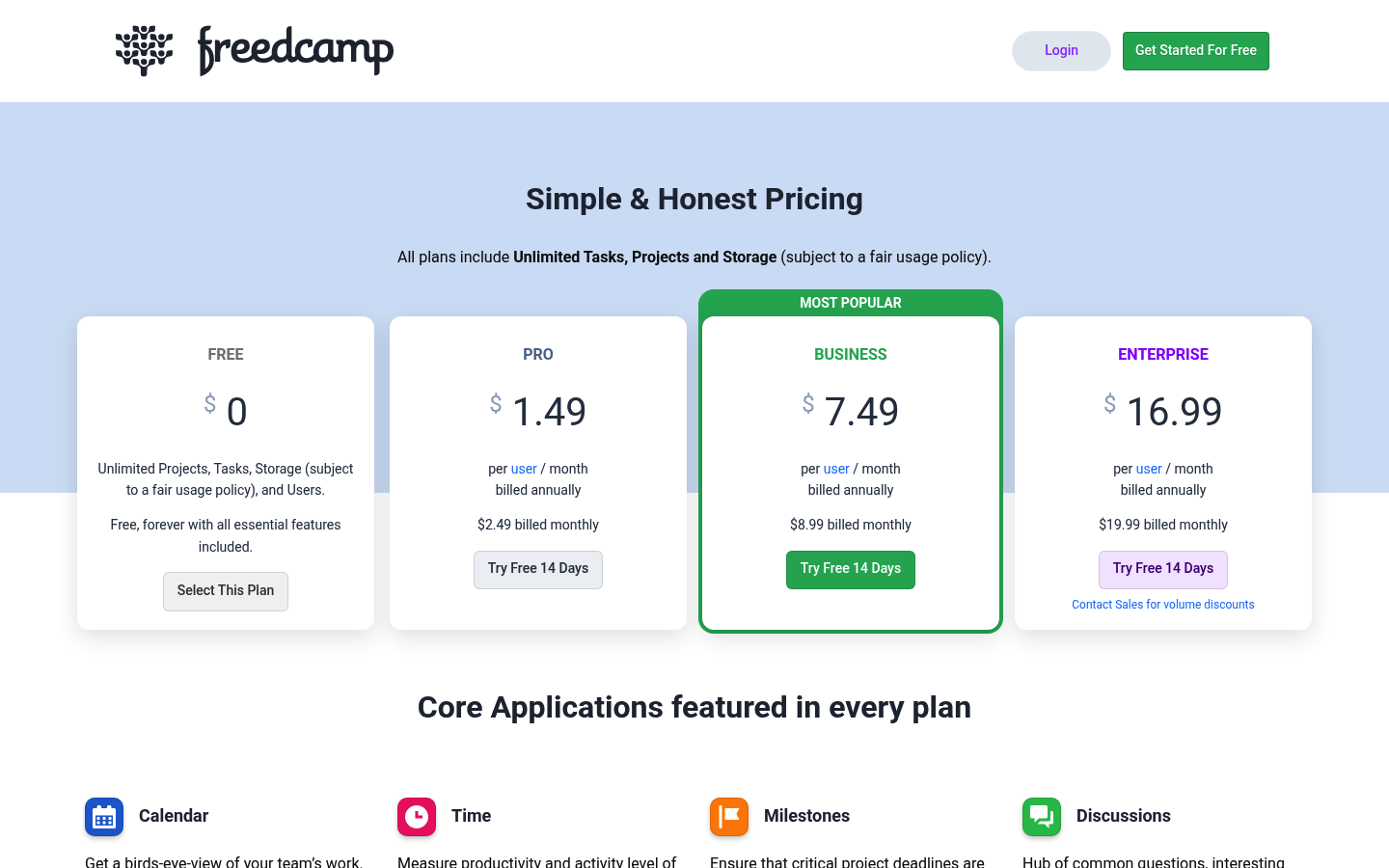 Screenshot of Freedcamp's pricing page showing its plans and prices