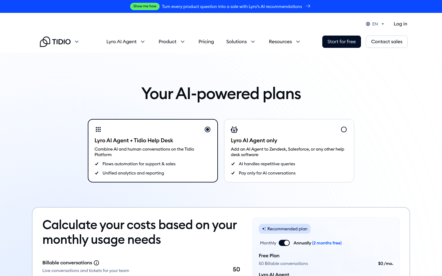 Screenshot of Tidio's pricing page showing its plans and prices