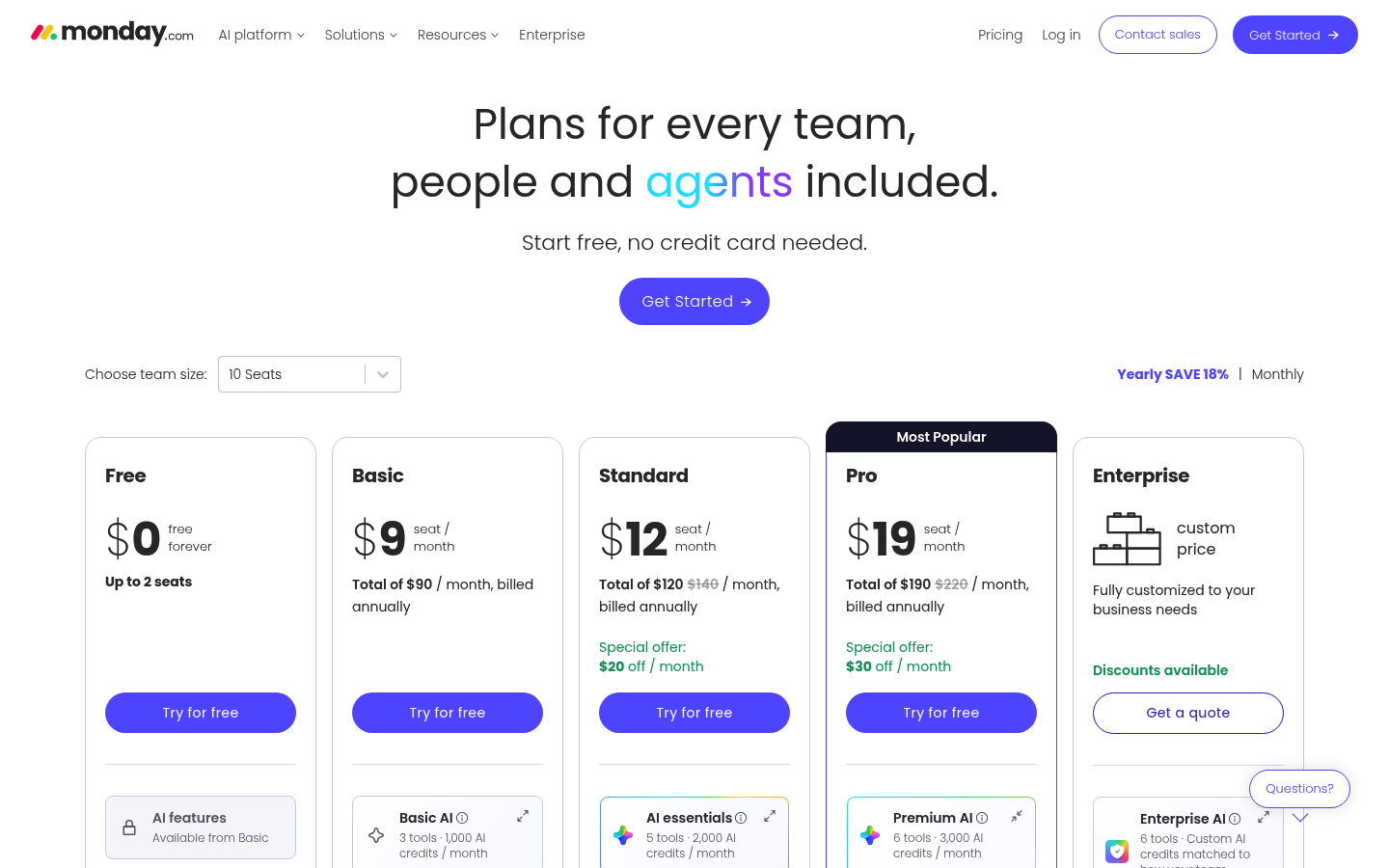 Screenshot of Monday.com's pricing page showing its plans and prices