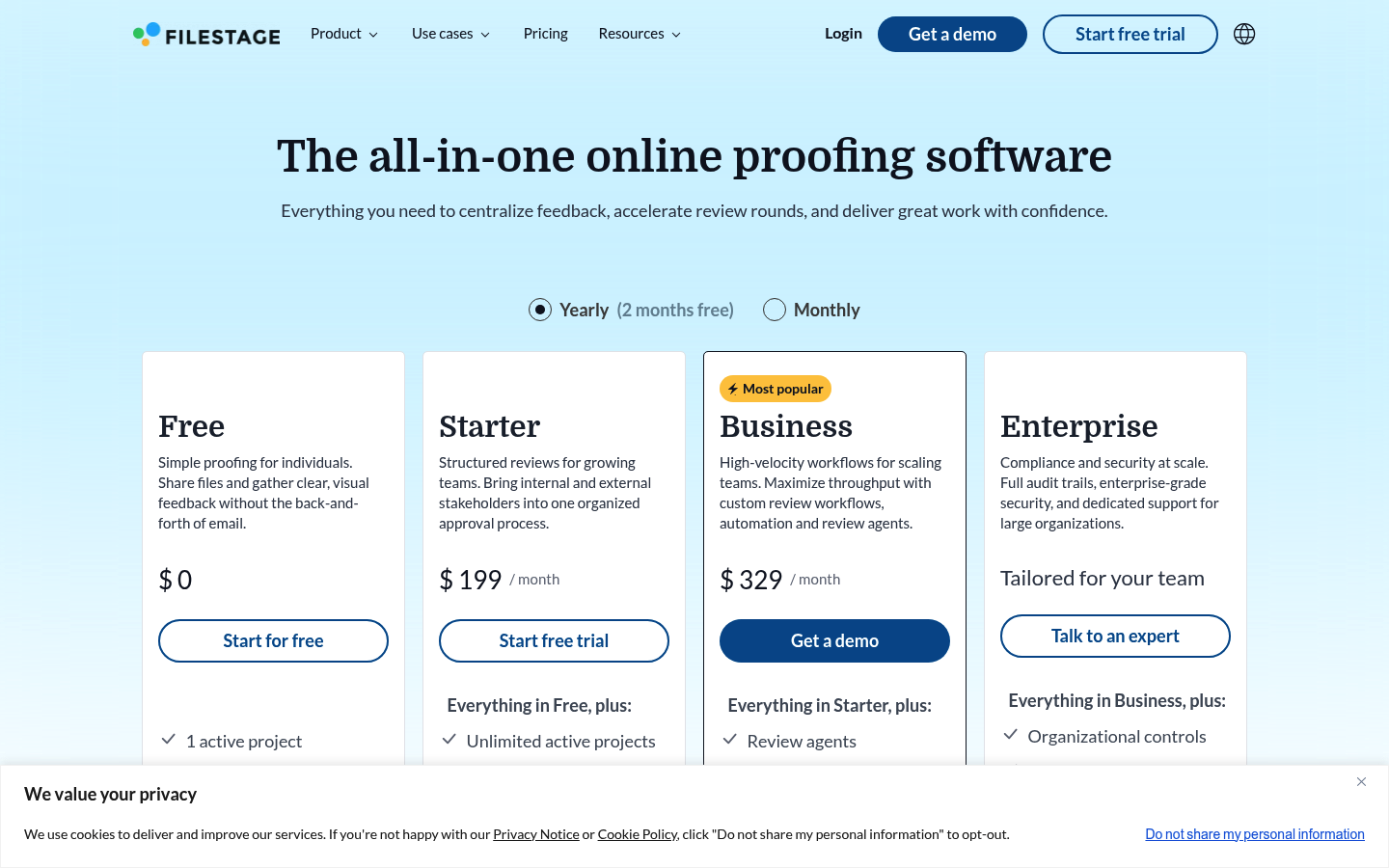 Screenshot of Filestage's pricing page showing its plans and prices