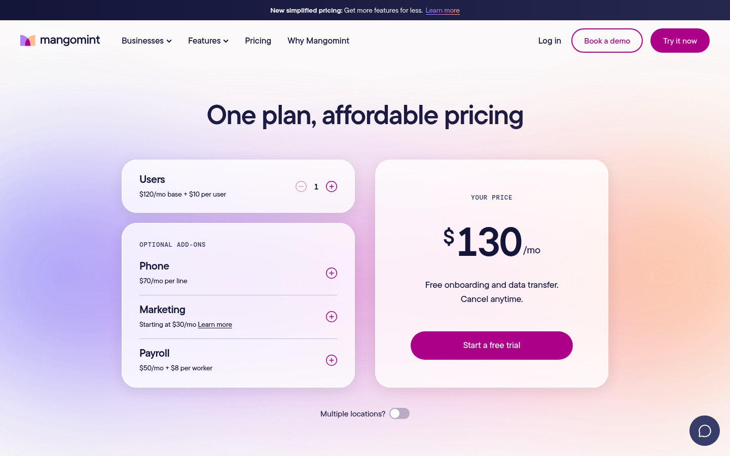 Screenshot of Mangomint's pricing page showing its plans and prices
