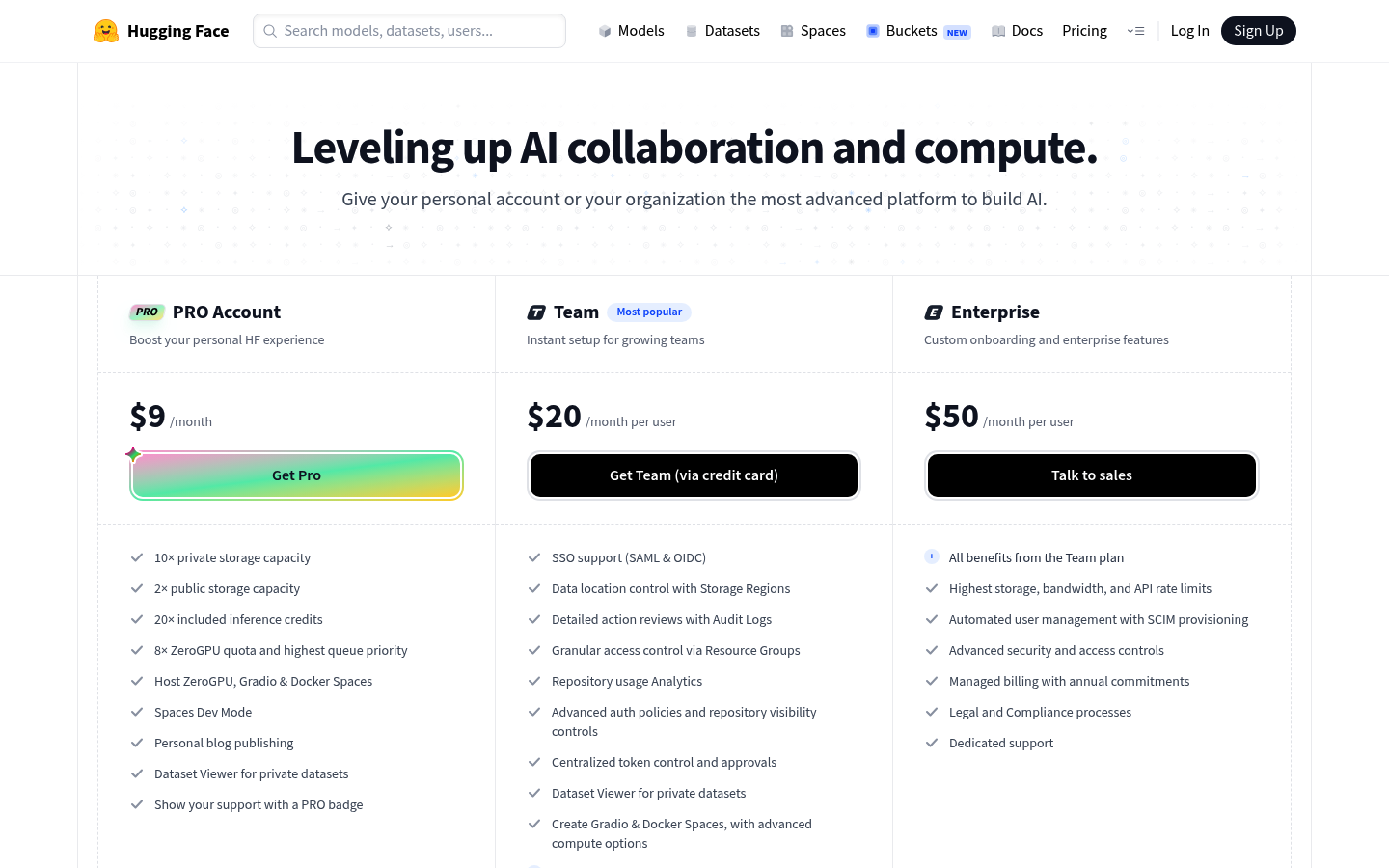 Screenshot of Hugging Face's pricing page showing its plans and prices