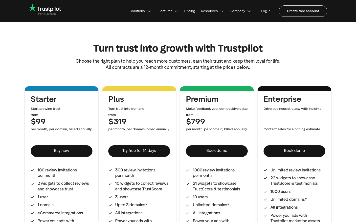 Screenshot of Trustpilot's pricing page showing its plans and prices