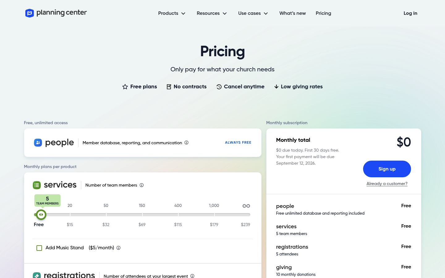 Screenshot of Planning Center's pricing page showing its plans and prices