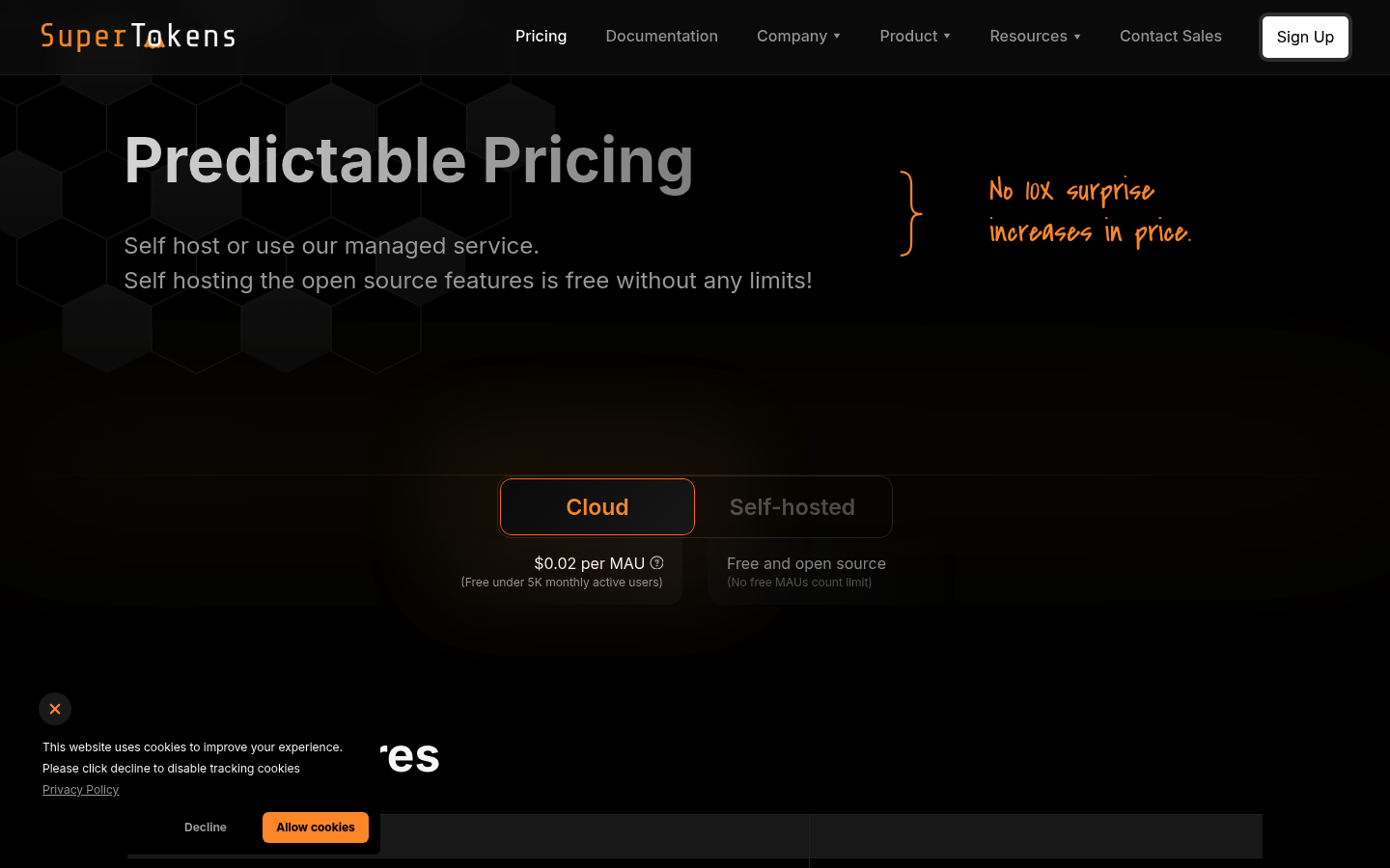 Screenshot of SuperTokens's pricing page showing its plans and prices
