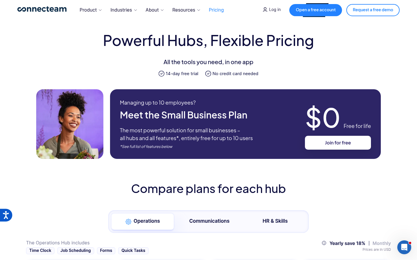 Screenshot of Connecteam's pricing page showing its plans and prices