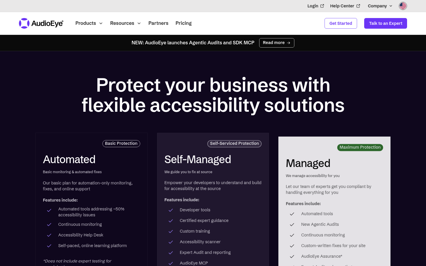 Screenshot of AudioEye's pricing page showing its plans and prices