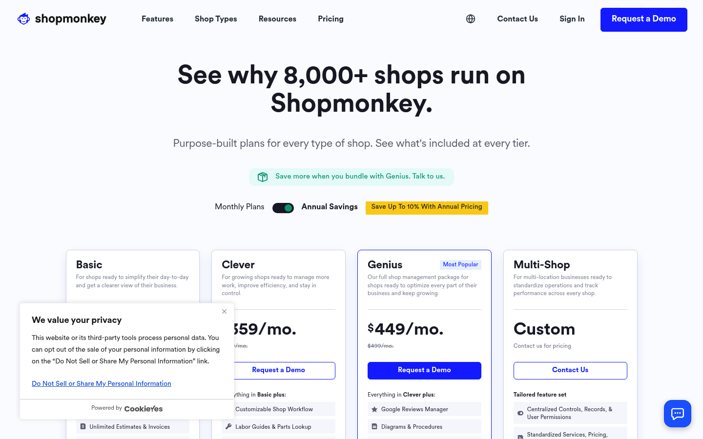 Screenshot of Shopmonkey's pricing page showing its plans and prices