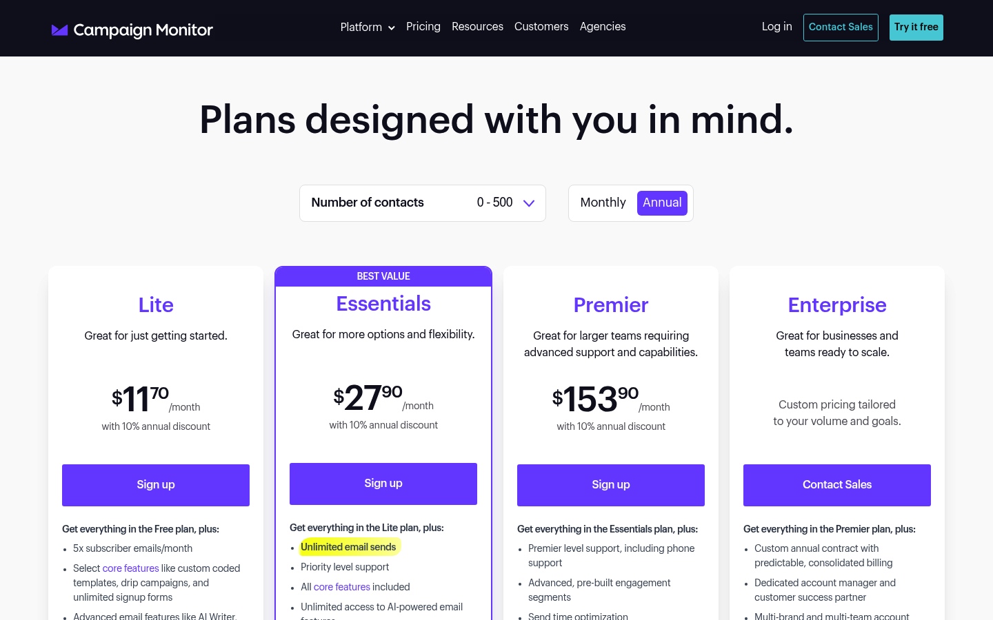 Screenshot of Campaign Monitor's pricing page showing its plans and prices