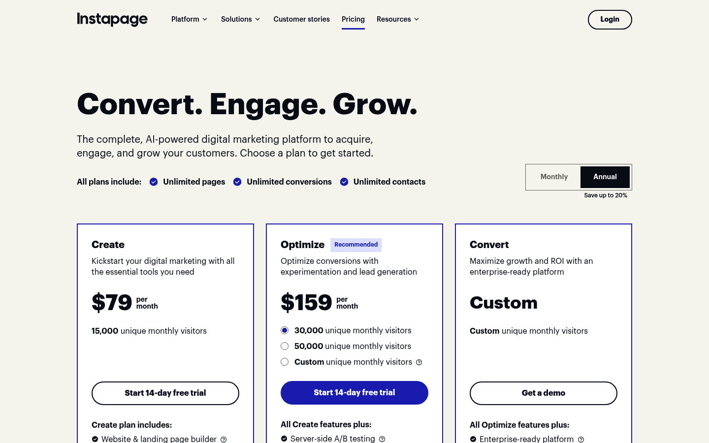 Screenshot of Instapage's pricing page showing its plans and prices