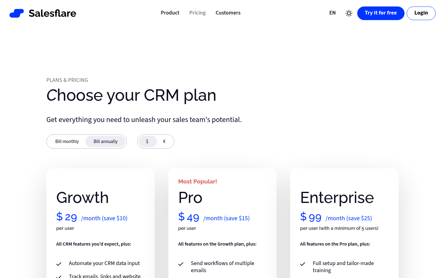 Screenshot of Salesflare's pricing page showing its plans and prices
