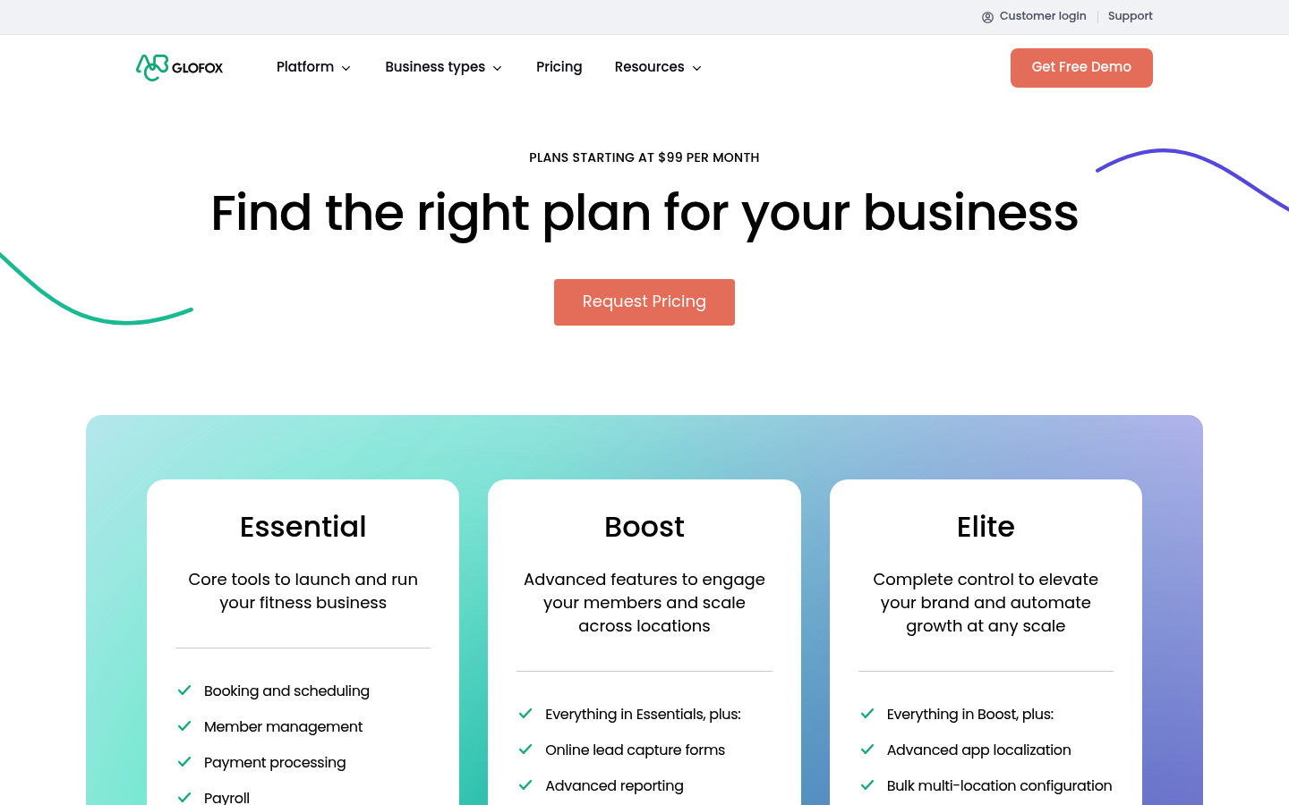 Screenshot of Glofox's pricing page showing its plans and prices