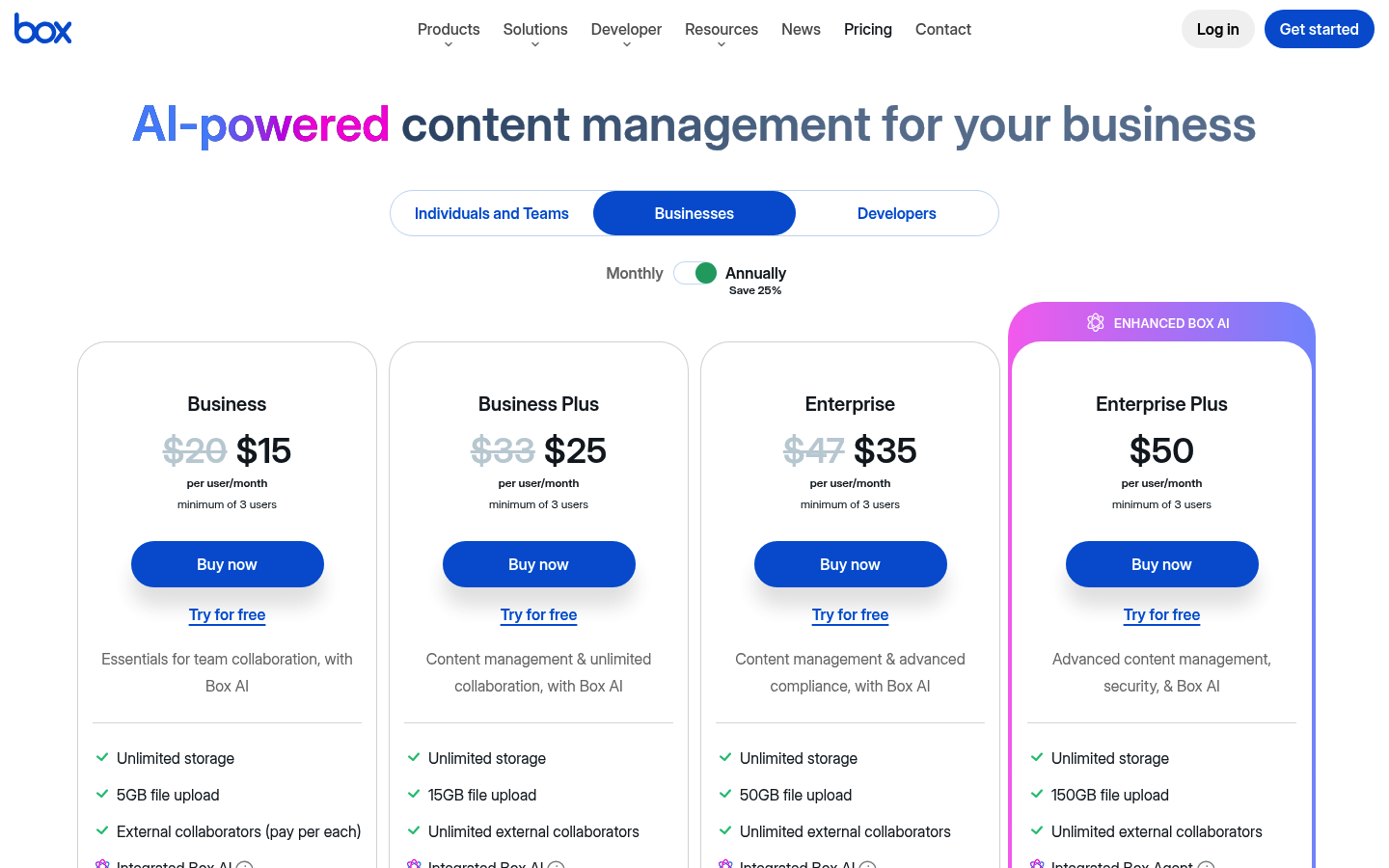 Screenshot of Box's pricing page showing its plans and prices