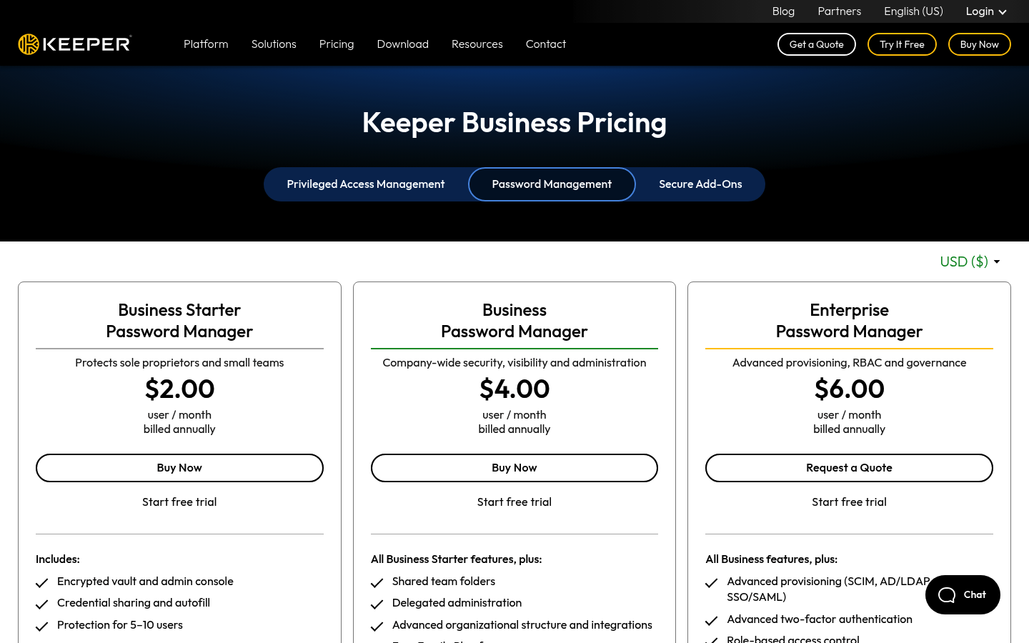 Screenshot of Keeper's pricing page showing its plans and prices