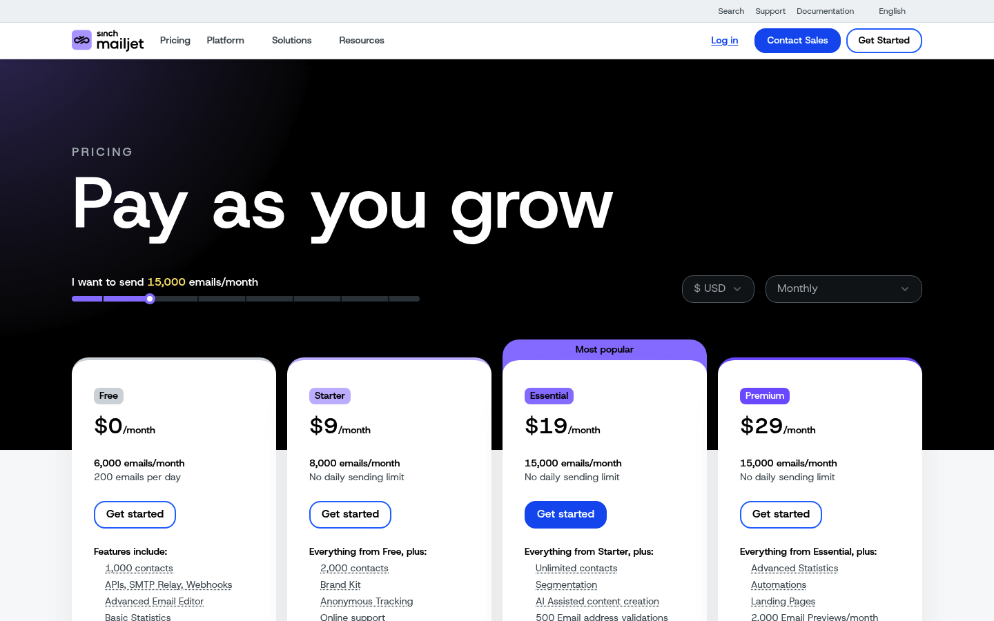 Screenshot of Mailjet's pricing page showing its plans and prices