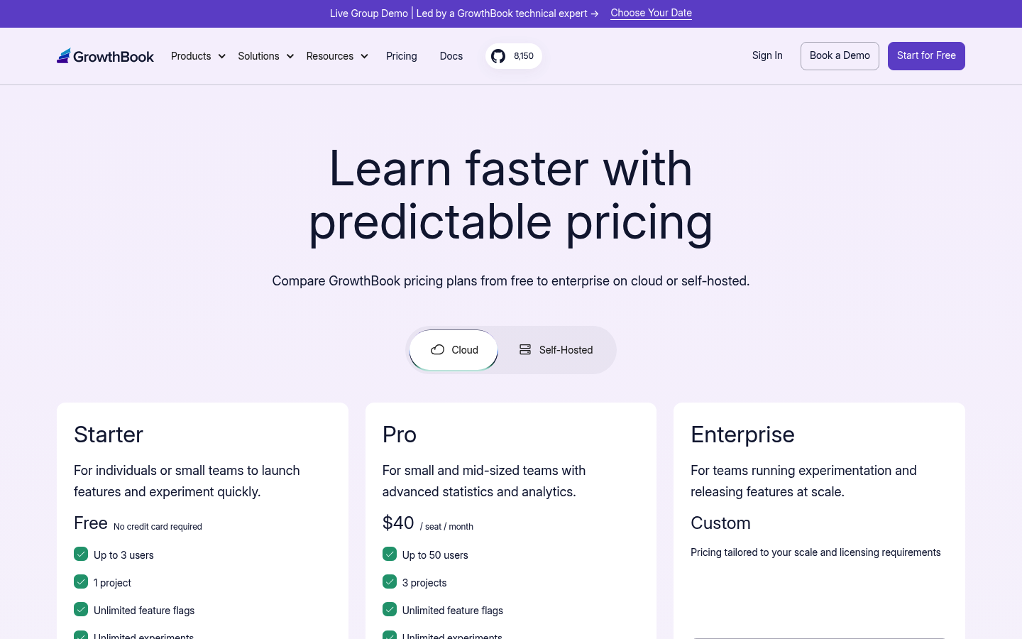 Screenshot of GrowthBook's pricing page showing its plans and prices