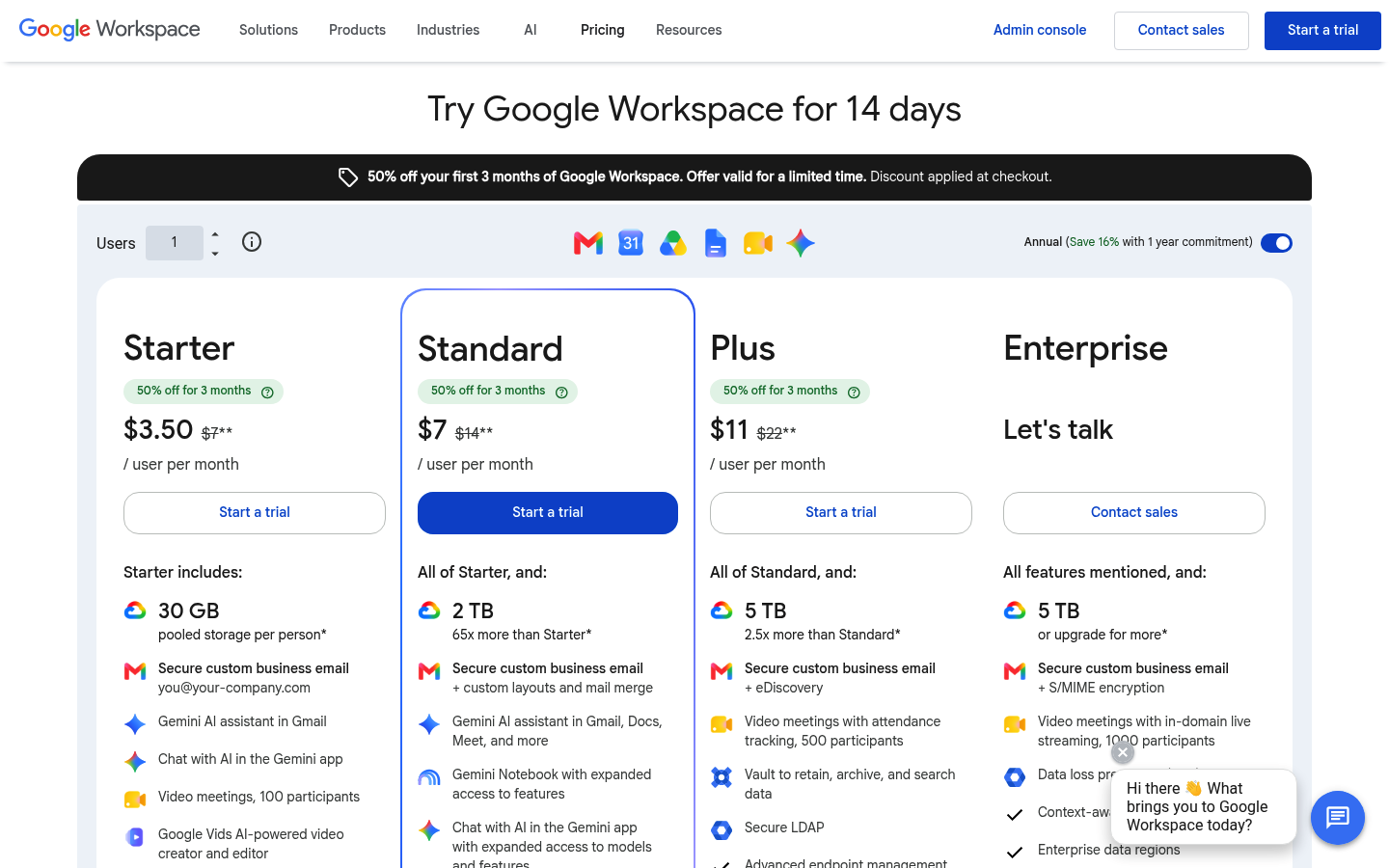Screenshot of Google Workspace's pricing page showing its plans and prices