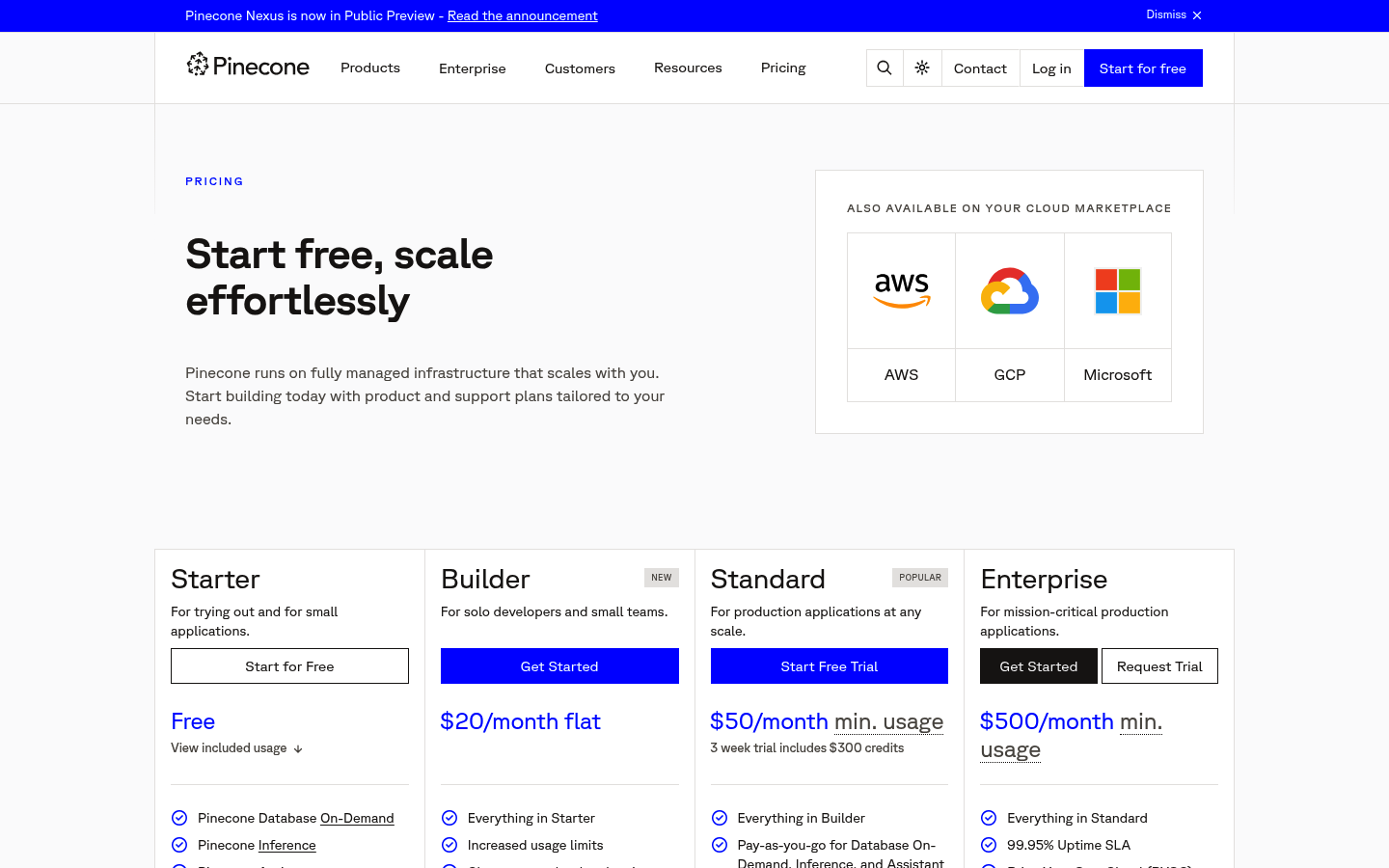 Screenshot of Pinecone's pricing page showing its plans and prices