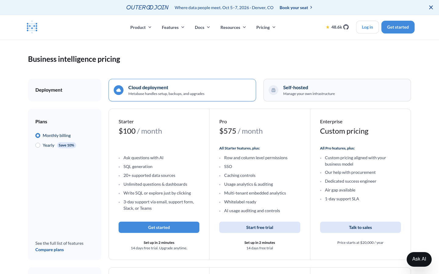 Screenshot of Metabase's pricing page showing its plans and prices