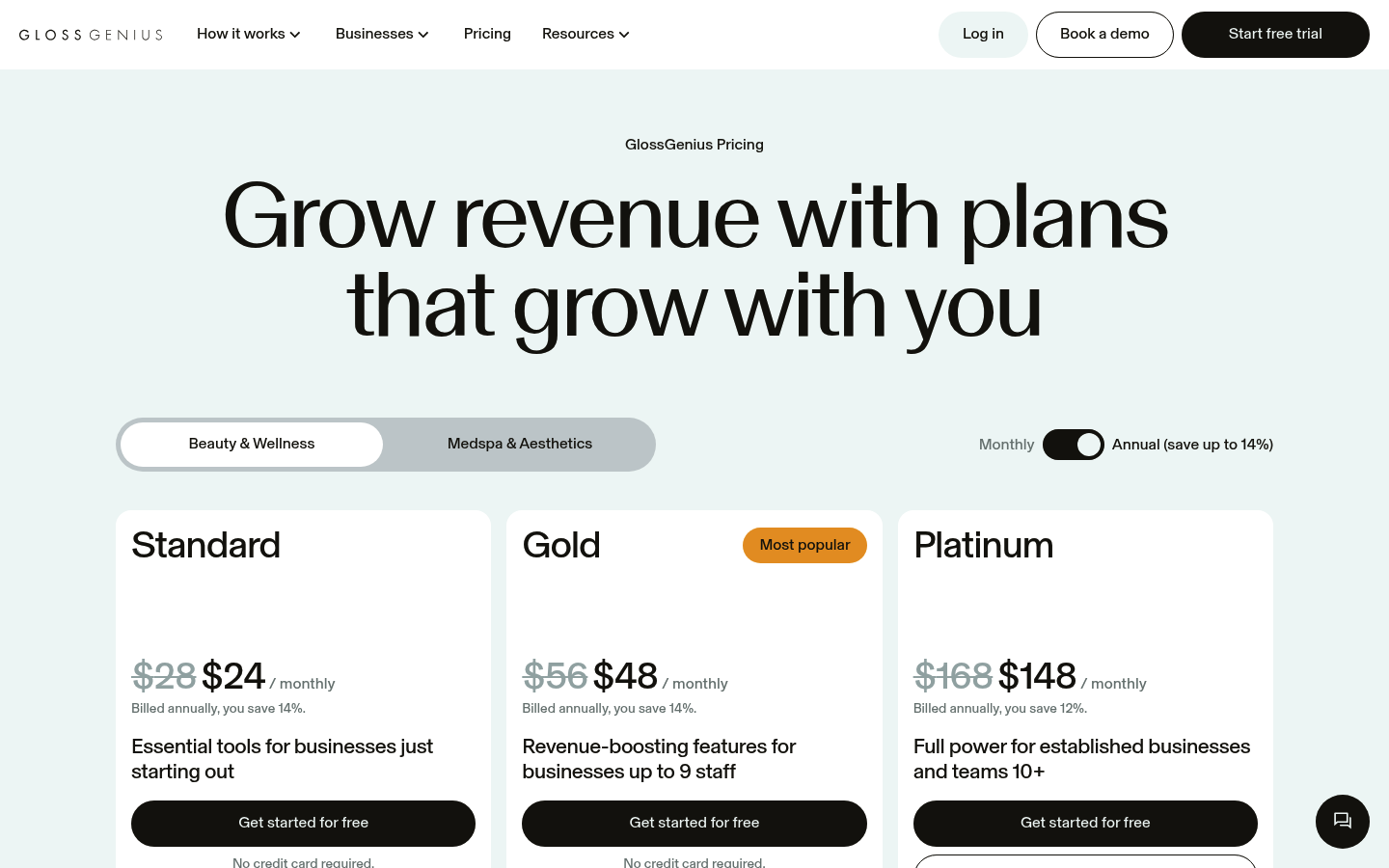 Screenshot of GlossGenius's pricing page showing its plans and prices