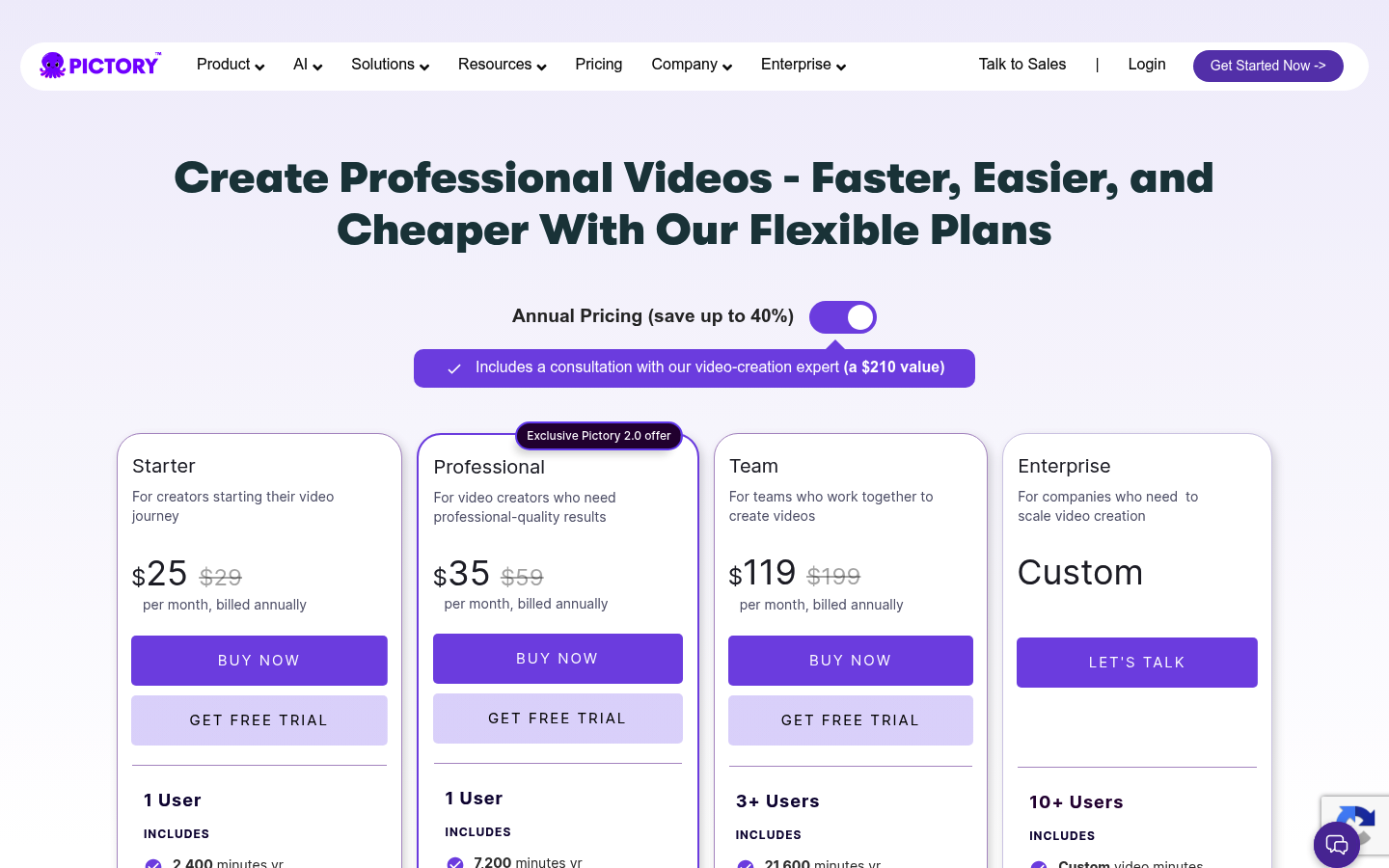 Screenshot of Pictory's pricing page showing its plans and prices