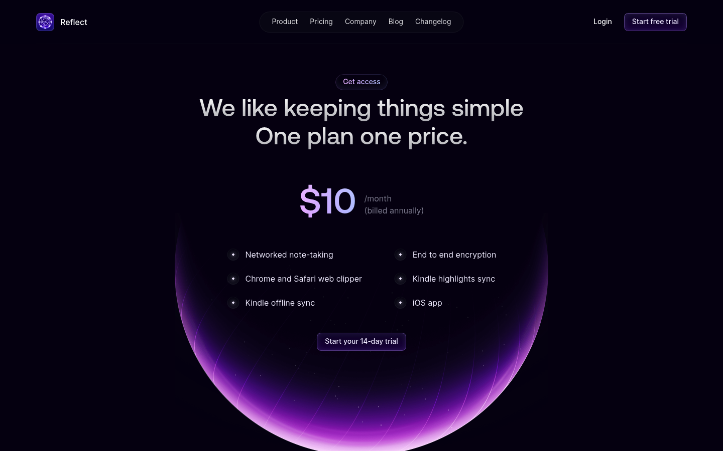 Screenshot of Reflect's pricing page showing its plans and prices