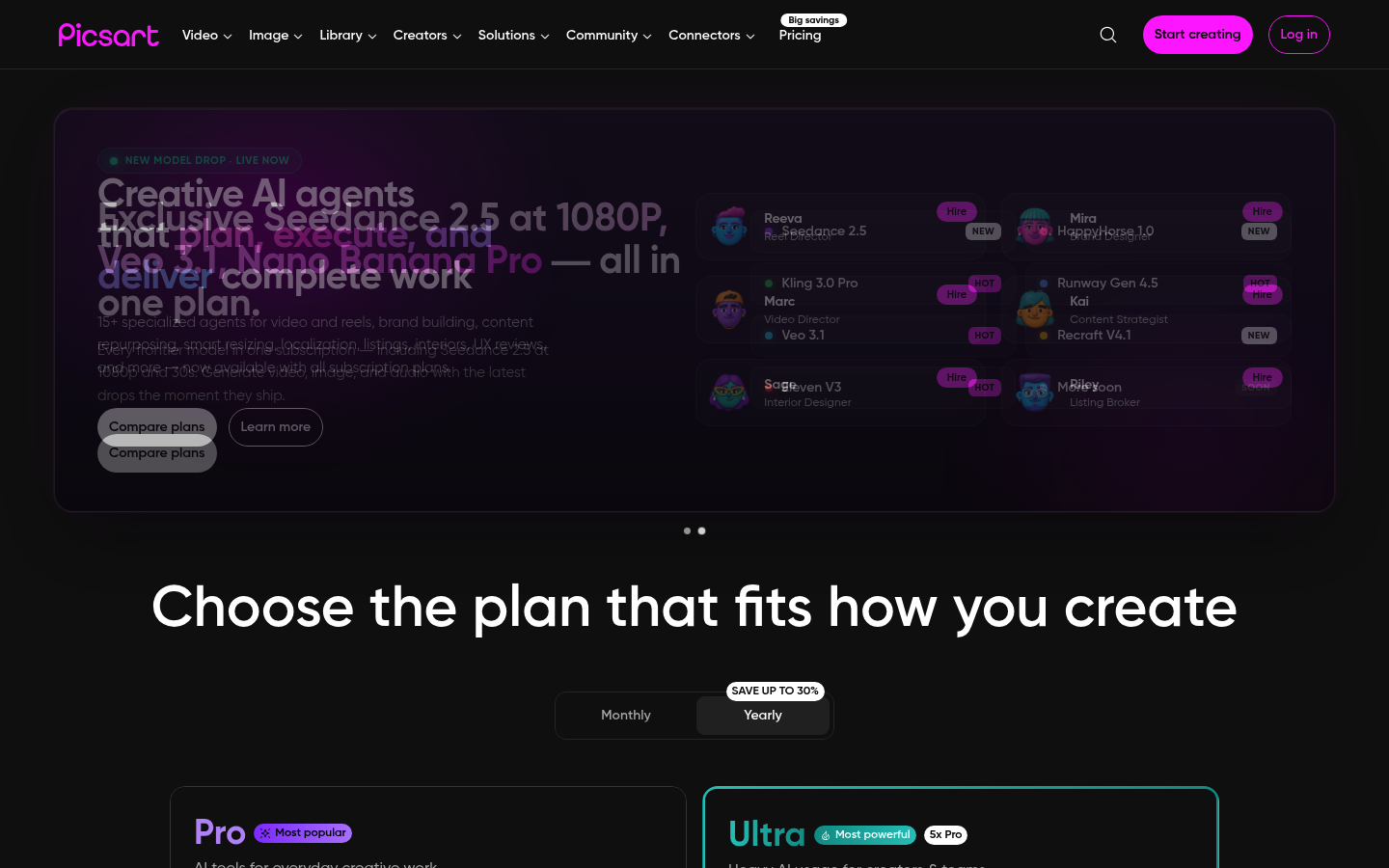 Screenshot of Picsart's pricing page showing its plans and prices
