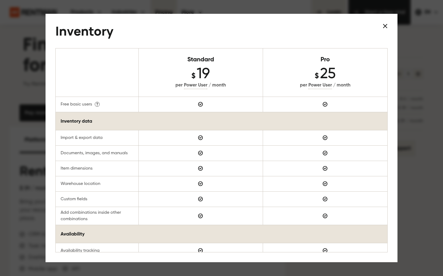 Screenshot of Rentman's pricing page showing its plans and prices