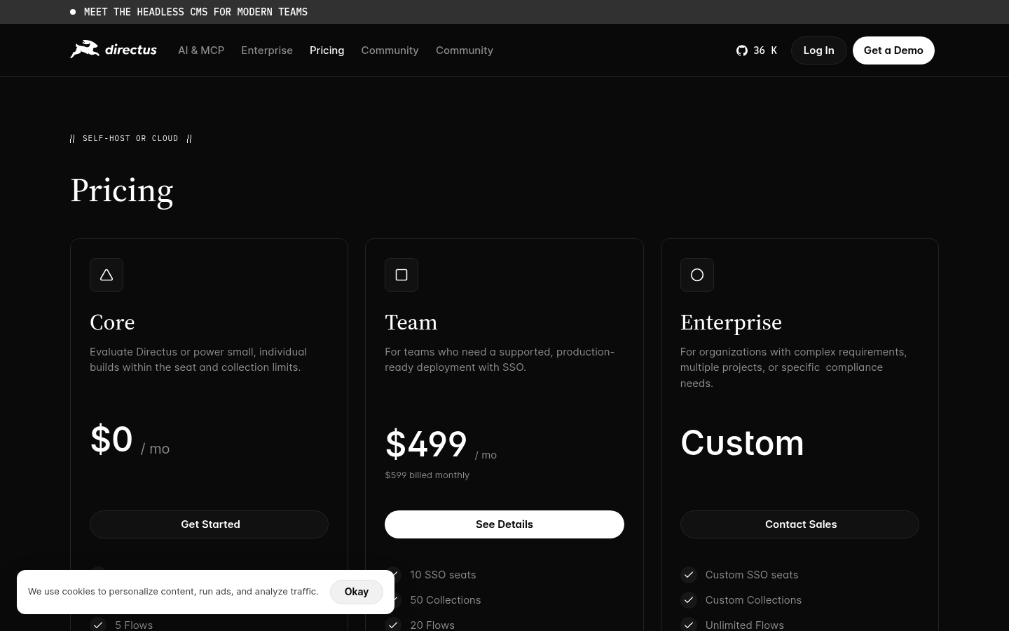 Screenshot of Directus's pricing page showing its plans and prices