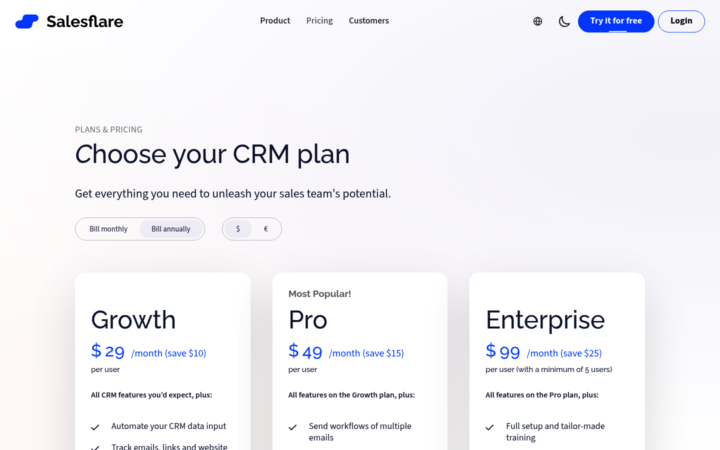 Screenshot of Salesflare's pricing page showing its plans and prices