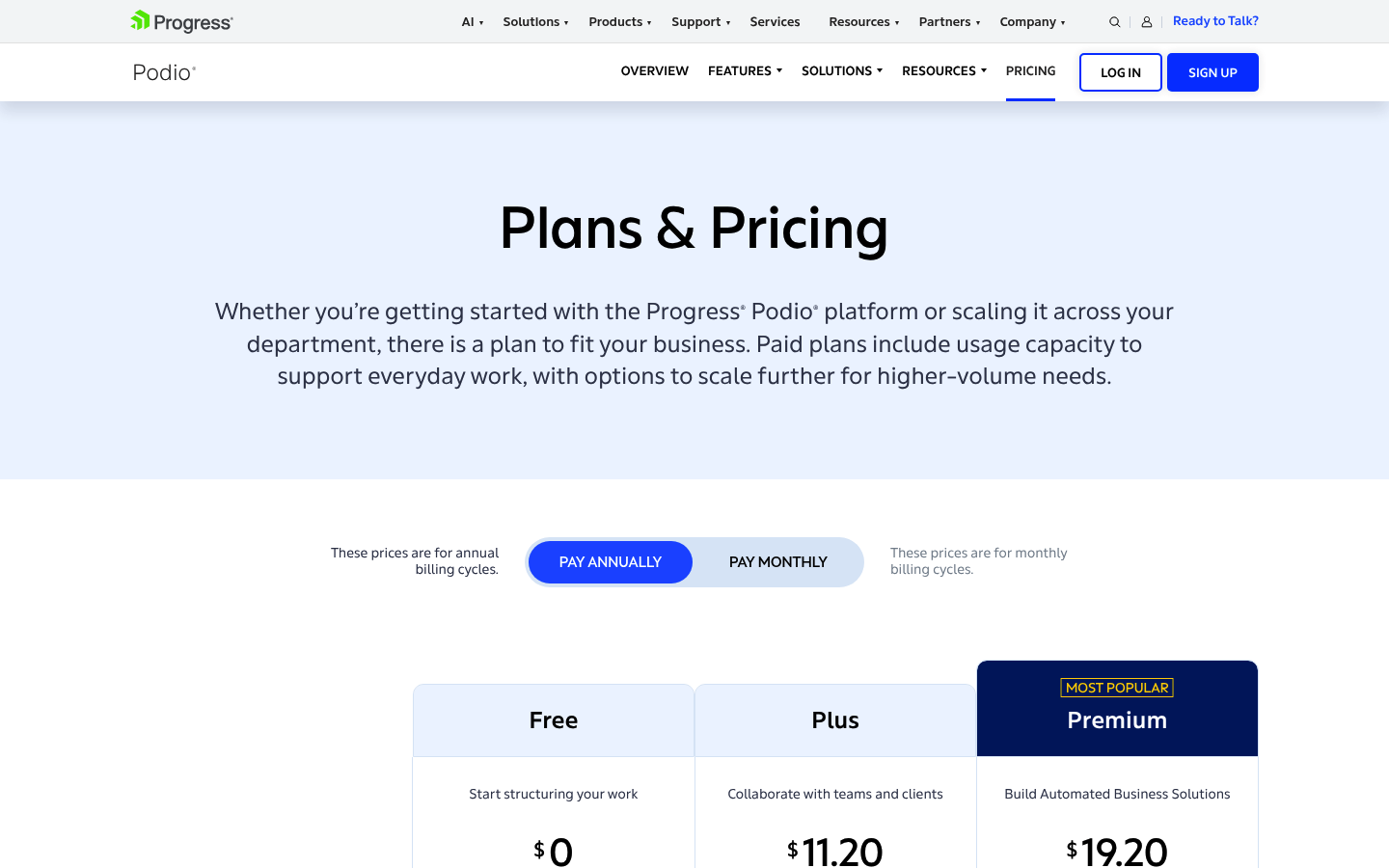 Screenshot of Podio's pricing page showing its plans and prices