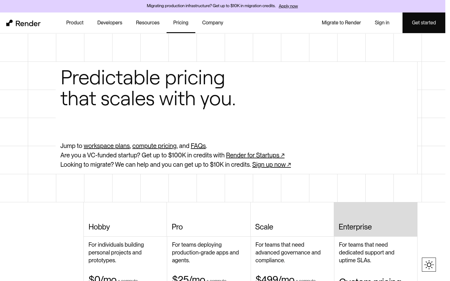 Screenshot of Render's pricing page showing its plans and prices