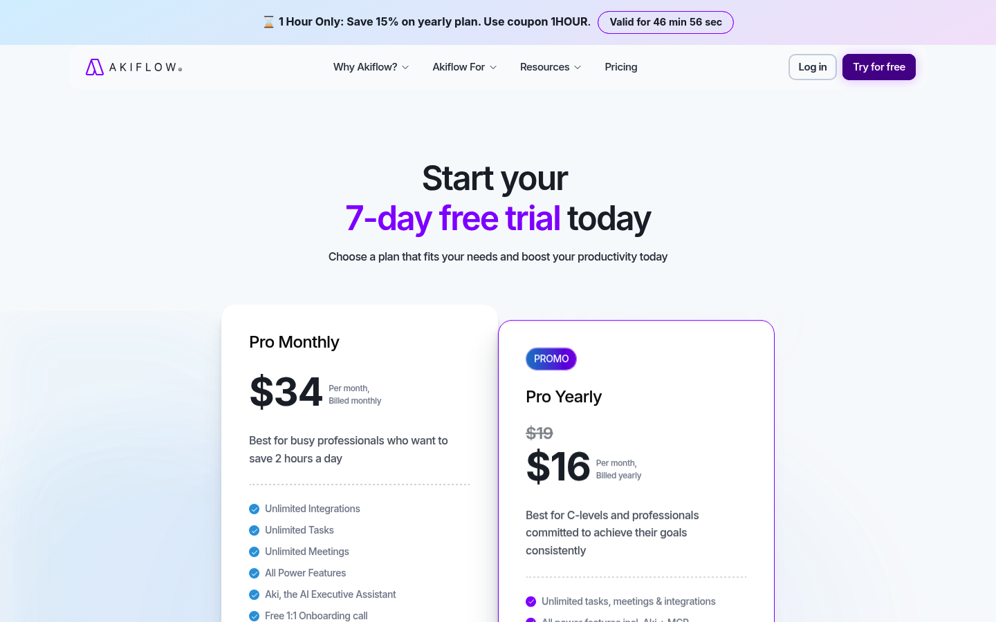 Screenshot of Akiflow's pricing page showing its plans and prices