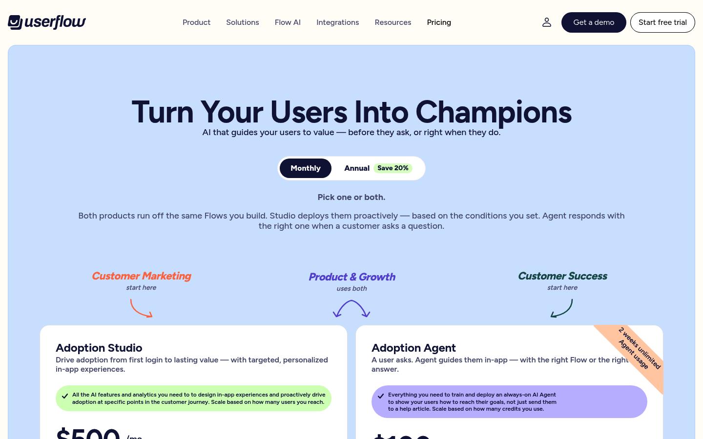 Screenshot of Userflow's pricing page showing its plans and prices