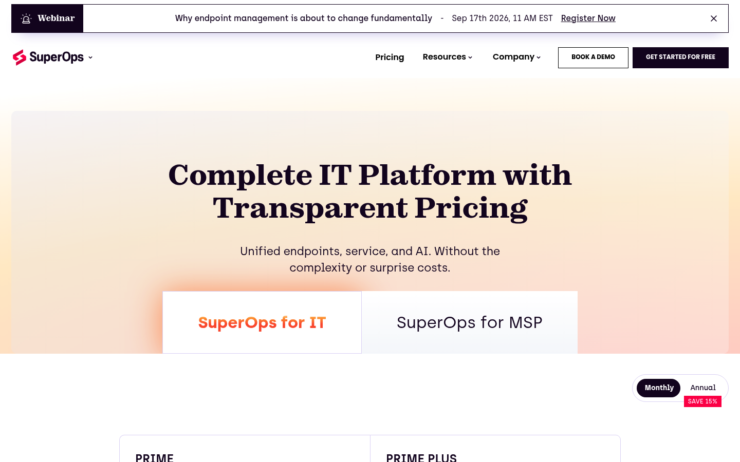 Screenshot of SuperOps's pricing page showing its plans and prices