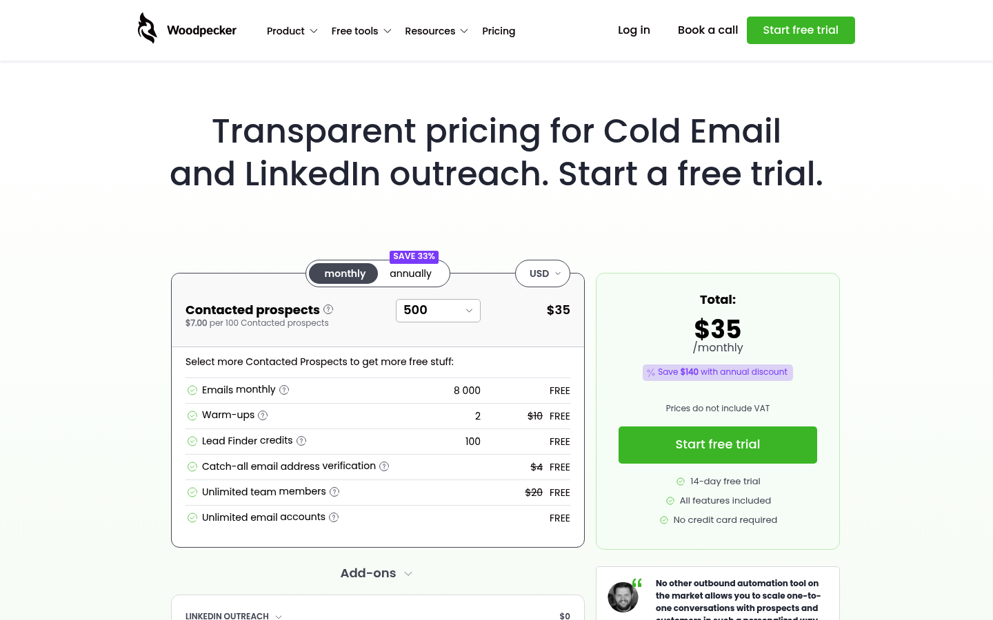 Screenshot of Woodpecker's pricing page showing its plans and prices
