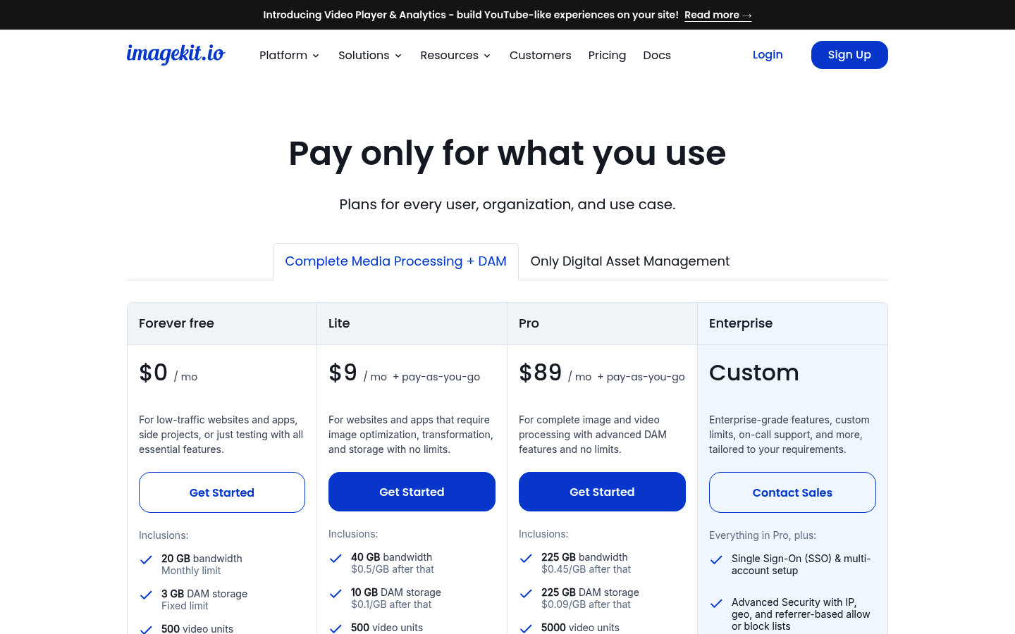 Screenshot of ImageKit's pricing page showing its plans and prices
