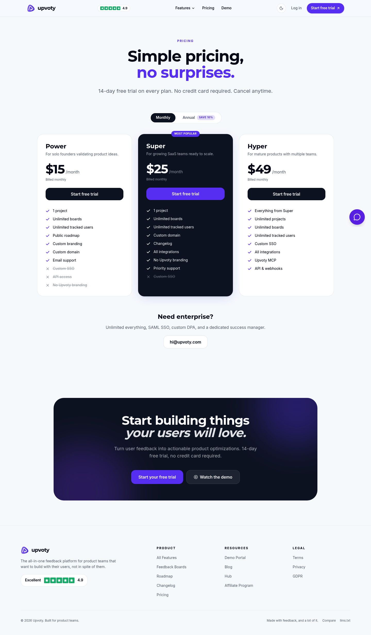 Screenshot of Upvoty's pricing page showing its plans and prices
