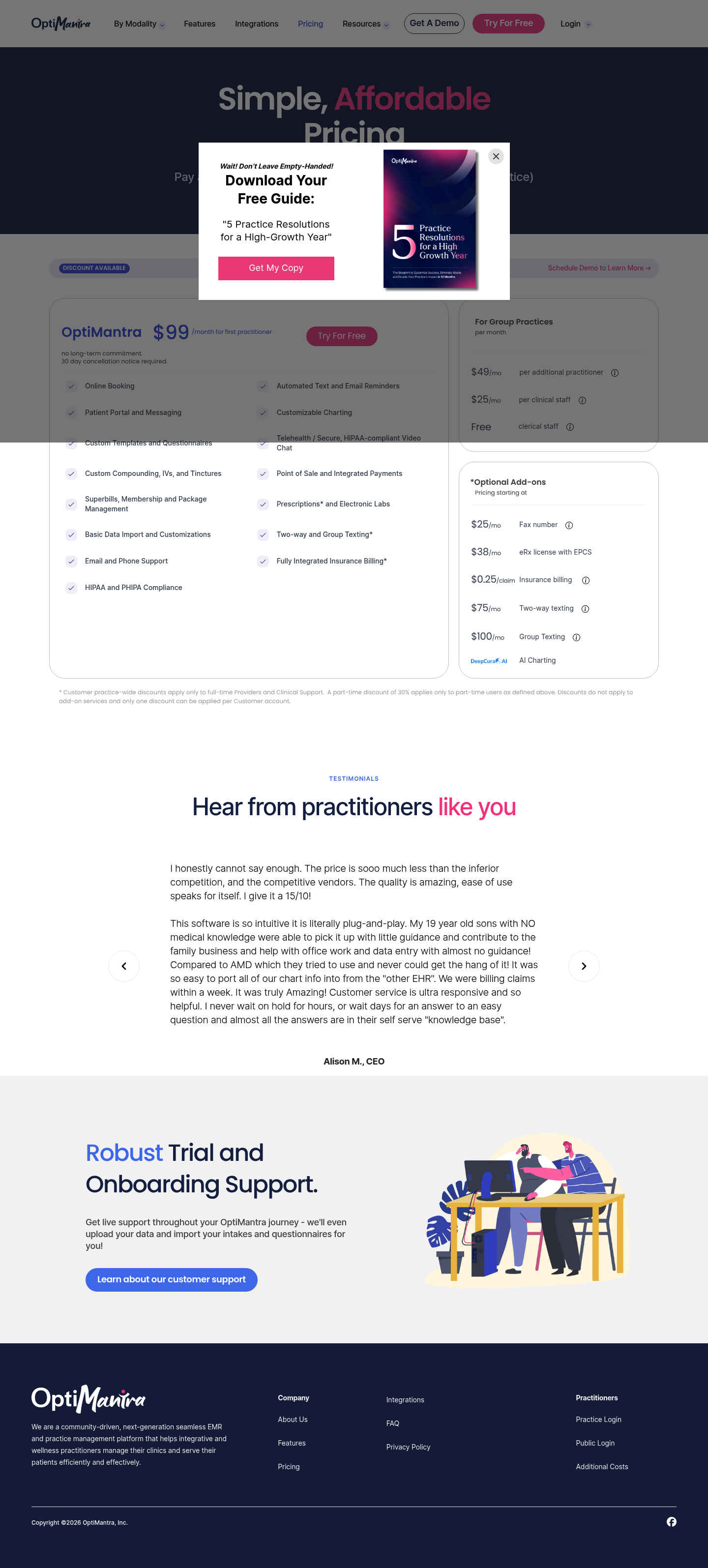 Screenshot of OptiMantra's pricing page showing its plans and prices