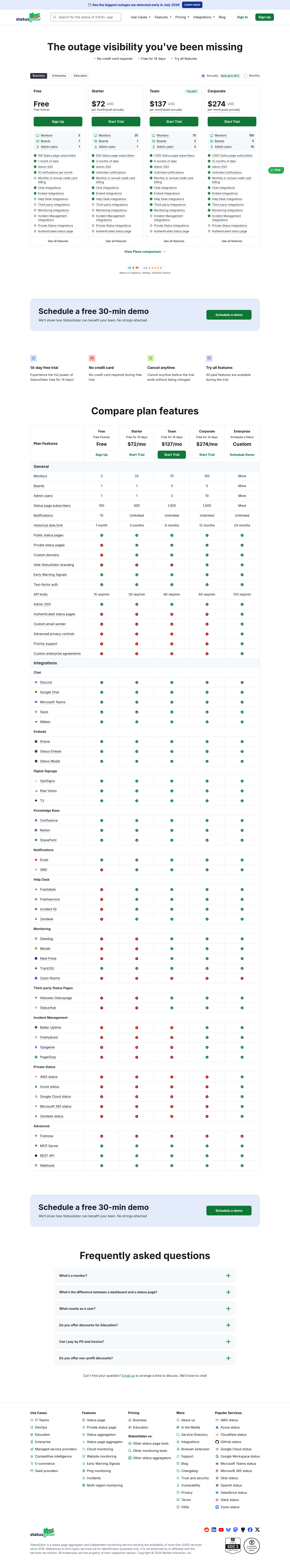 Screenshot of StatusGator's pricing page showing its plans and prices