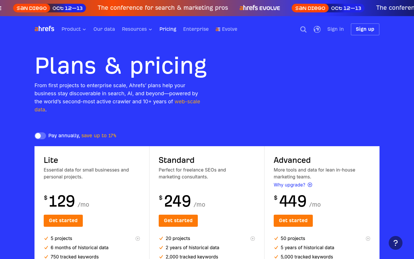 Screenshot of Ahrefs's pricing page showing its plans and prices