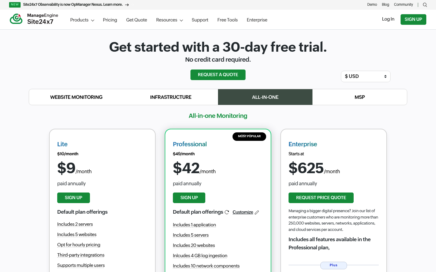 Screenshot of Site24x7's pricing page showing its plans and prices
