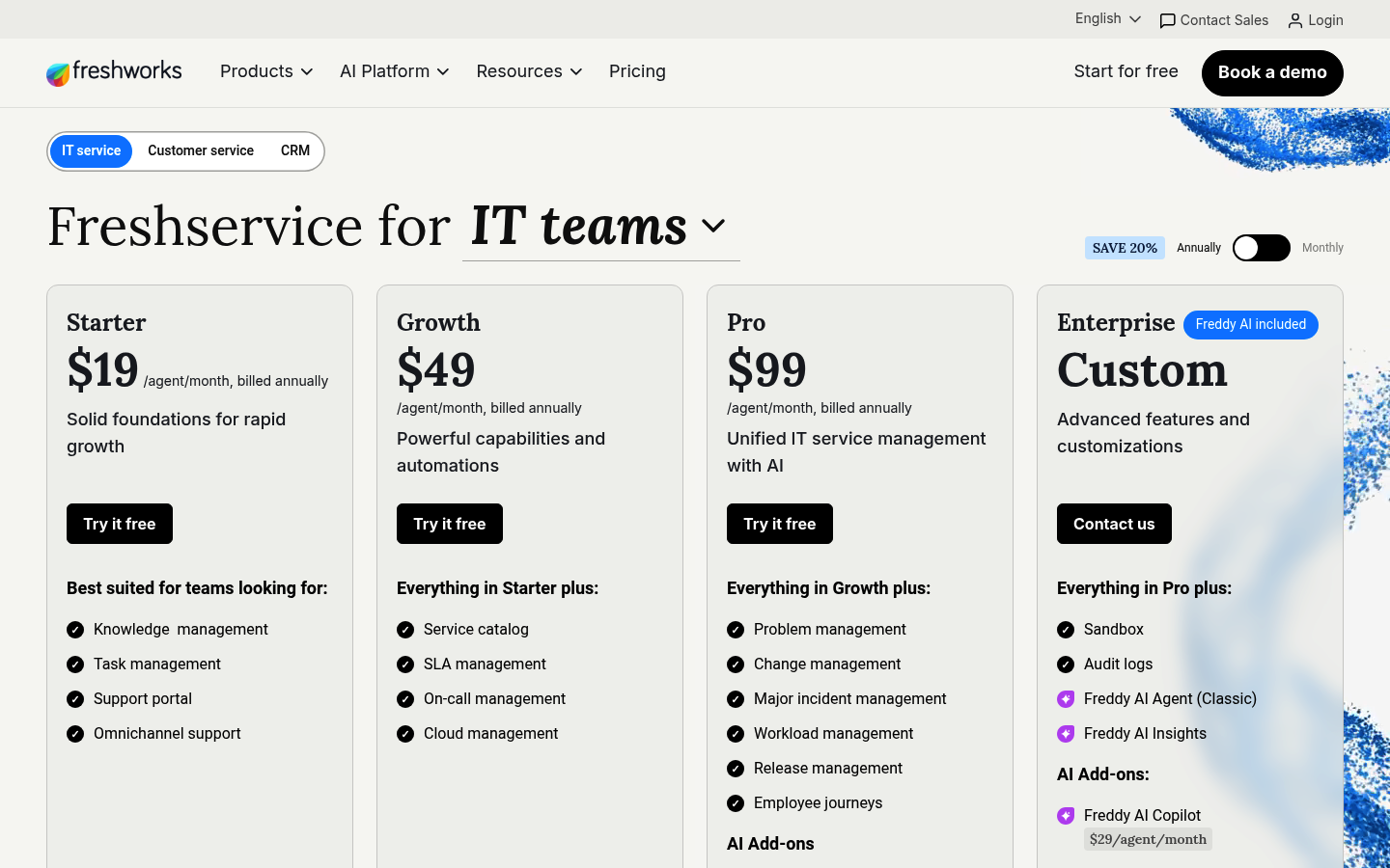 Screenshot of Freshservice's pricing page showing its plans and prices