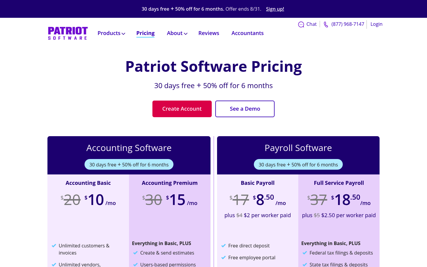 Screenshot of Patriot Software's pricing page showing its plans and prices