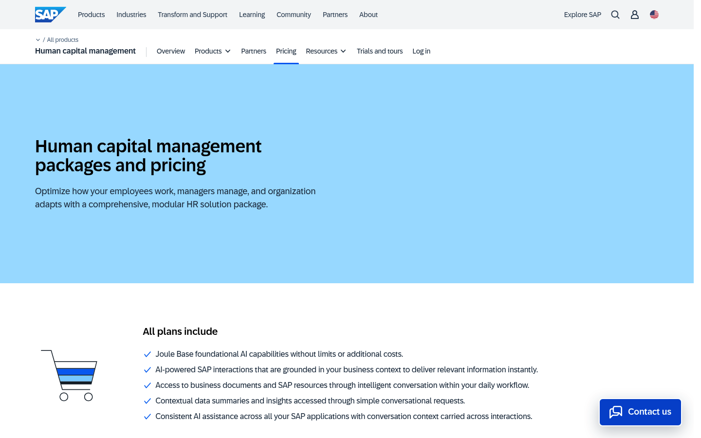 Screenshot of SAP SuccessFactors's pricing page showing its plans and prices