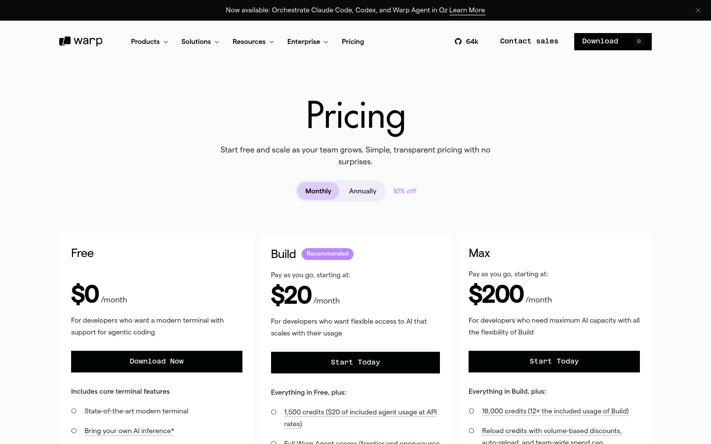 Screenshot of Warp's pricing page showing its plans and prices