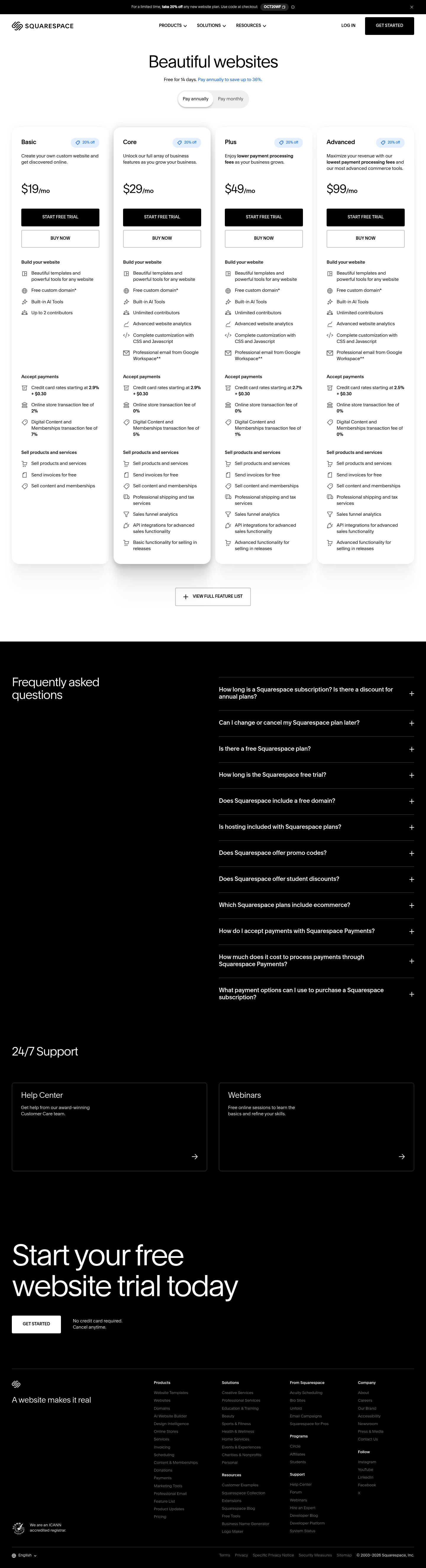 Screenshot of Squarespace's pricing page showing its plans and prices
