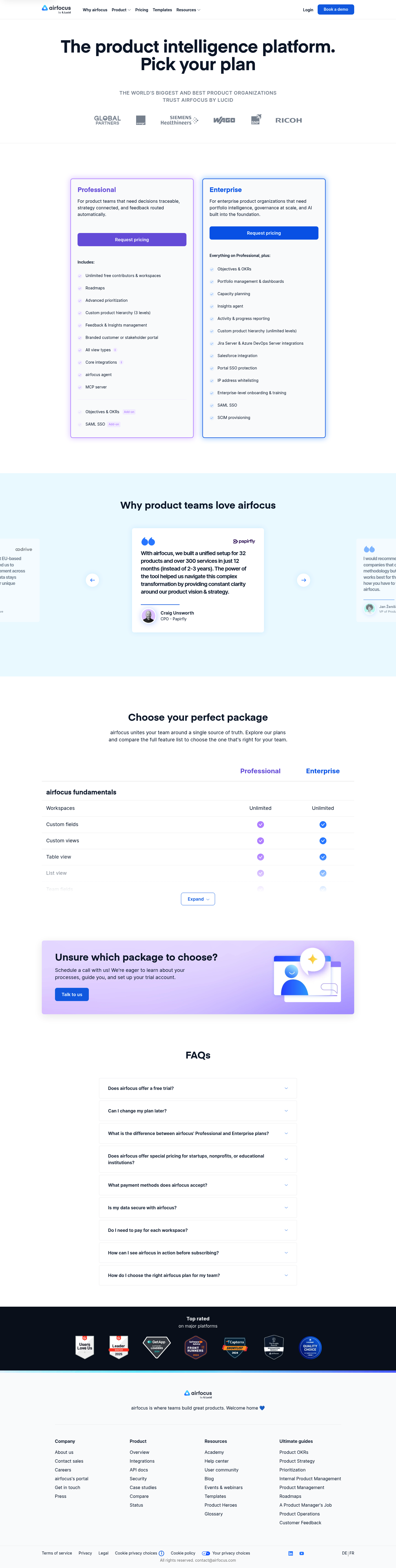 Screenshot of airfocus's pricing page showing its plans and prices