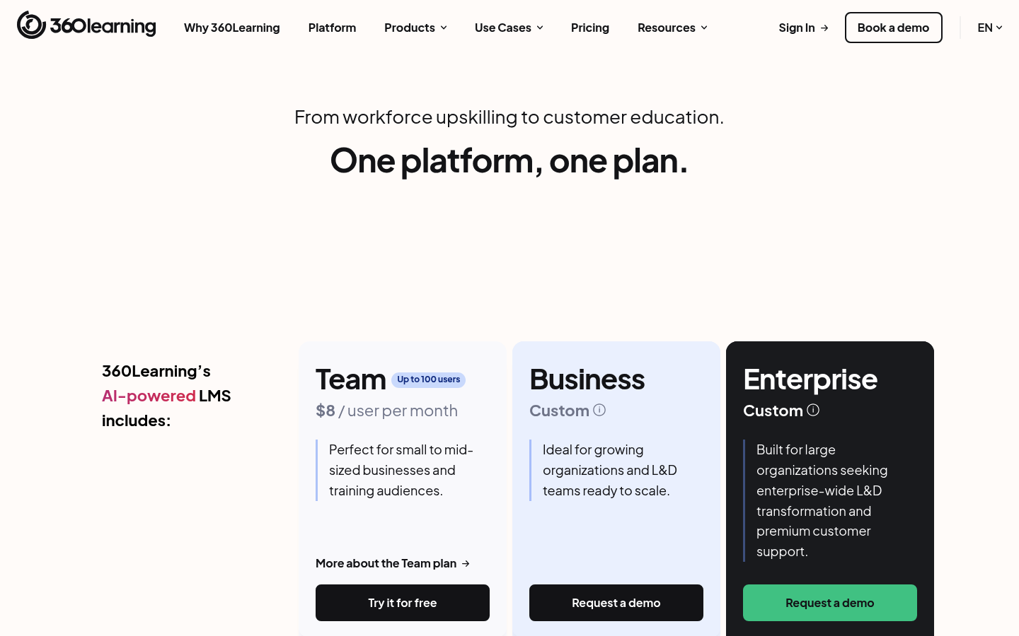 Screenshot of 360Learning's pricing page showing its plans and prices