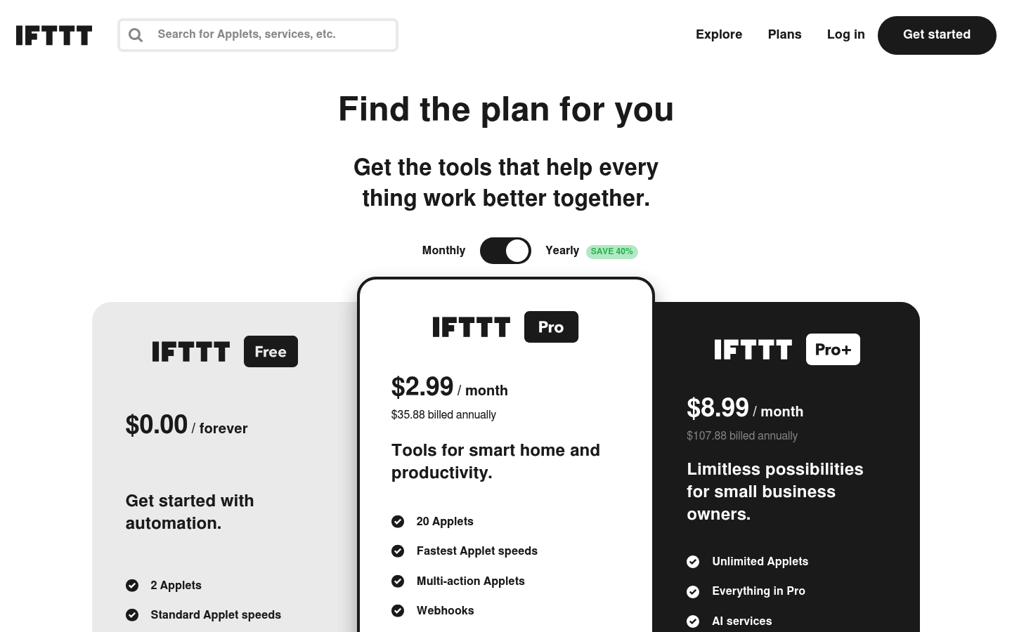 Screenshot of IFTTT's pricing page showing its plans and prices
